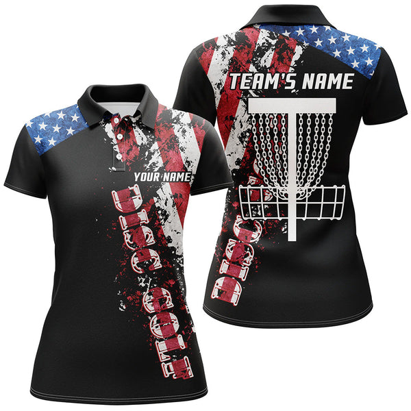 American flag patriotic Womens disc golf polo shirt custom team disc golf basket shirts | Black NQS5569