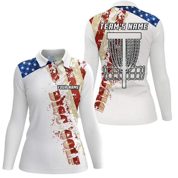 American flag patriotic Womens disc golf polo shirt custom team disc golf basket shirts | White NQS5570