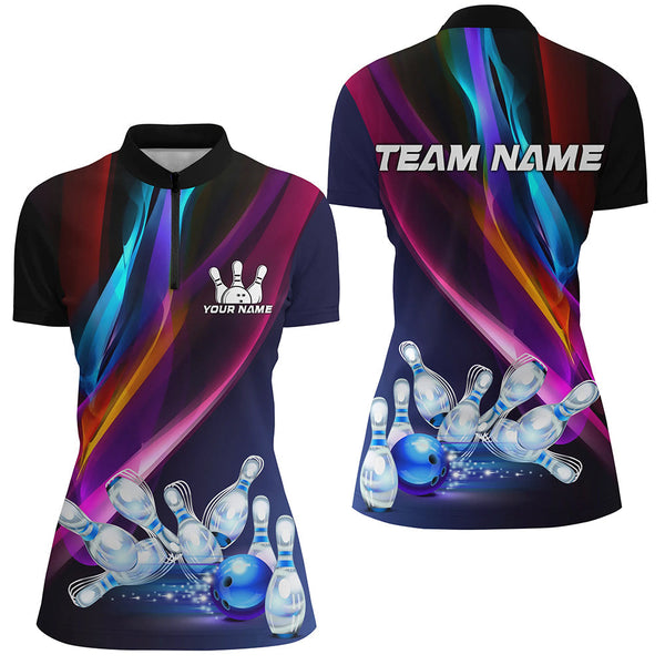 Colorful Lights Bowling Team jersey Custom Bowling Polo, Quarter Zip Shirt For Women, gift for bowlers NQS7939