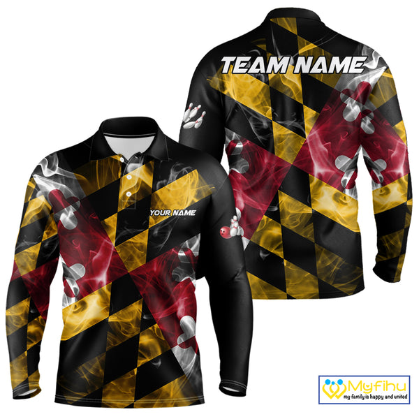 Smoke Maryland Flag Black Bowling Polo, 1/4 Zip shirt for men Custom patriotic Team bowling jersey NQS10322