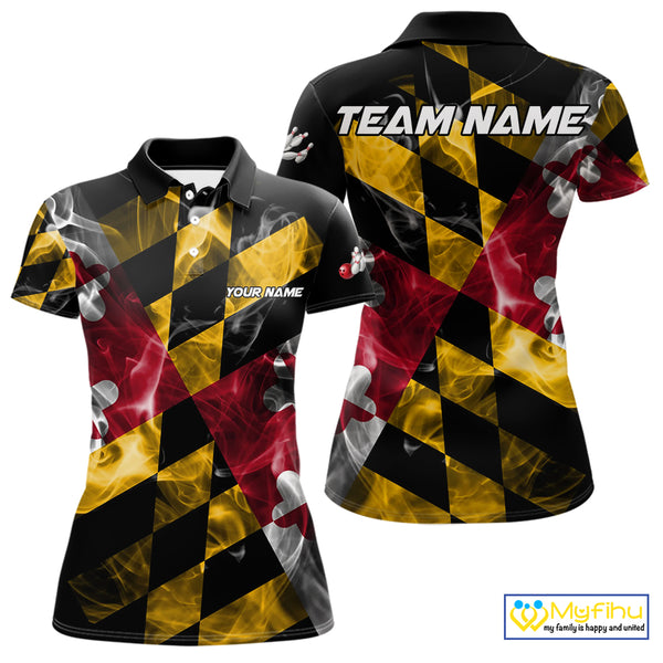 Smoke Maryland Flag Black Bowling Polo, 1/4 Zip shirt for Women Custom patriotic Team bowling jersey NQS10322