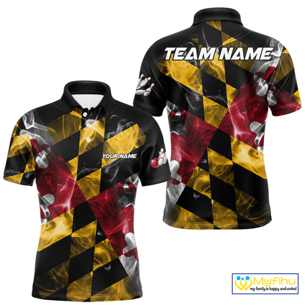 Smoke Maryland Flag Black Bowling Polo, 1/4 Zip shirt for men Custom patriotic Team bowling jersey NQS10322