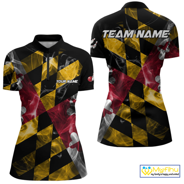Smoke Maryland Flag Black Bowling Polo, 1/4 Zip shirt for Women Custom patriotic Team bowling jersey NQS10322