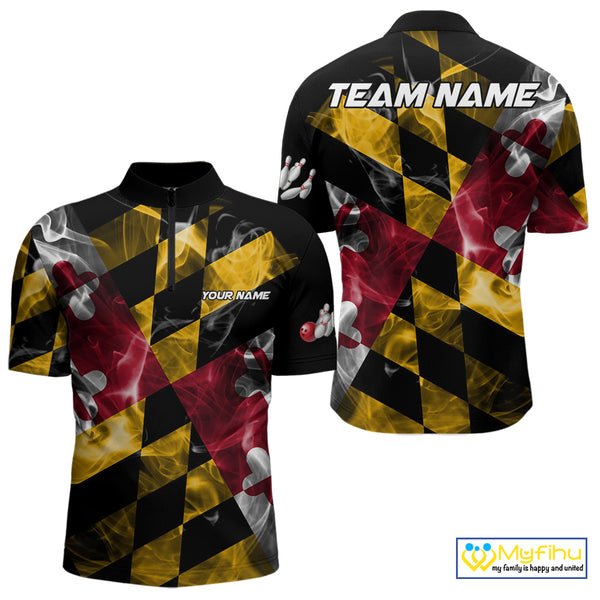 Smoke Maryland Flag Black Bowling Polo, 1/4 Zip shirt for men Custom patriotic Team bowling jersey NQS10322