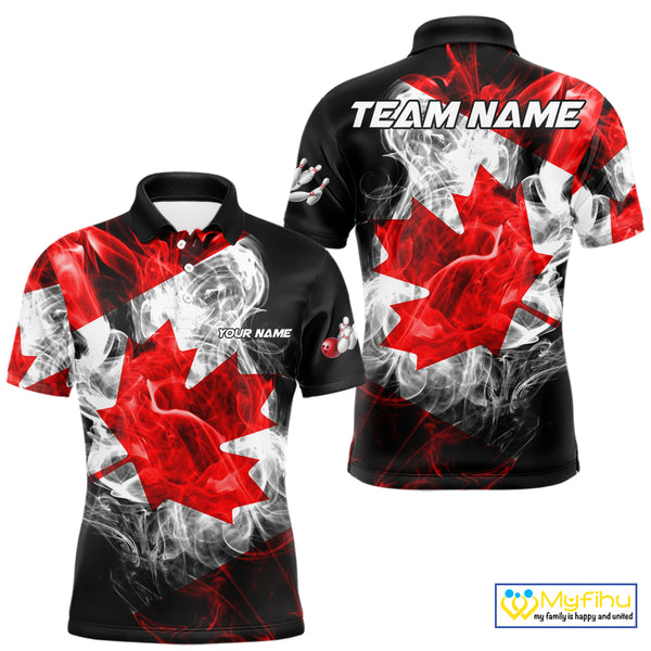 Smoke Canadian Flag Black Bowling Polo, 1/4 Zip shirt for men Custom patriotic Team bowling jersey NQS10323