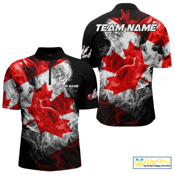 Smoke Canadian Flag Black Bowling Polo, 1/4 Zip shirt for men Custom patriotic Team bowling jersey NQS10323