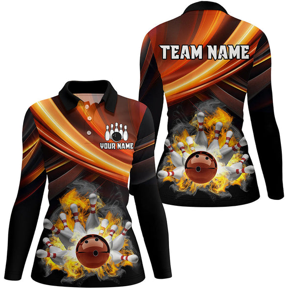 Personalized Black and Orange Smoke Flame Bowling Polo, 1/4 Zip Shirts For Women, cool bowling jerseys NQS8359