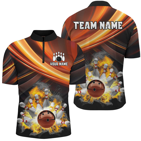 Personalized Black and Orange Smoke Flame Bowling Polo, 1/4 Zip Shirts For Men, cool bowling jerseys NQS8359
