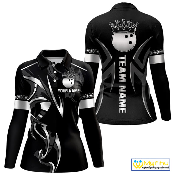 Black and Silver crown Bowling ball Polo, Quarter Zip Shirts for Women Custom Bowling Team jerseys NQS10537
