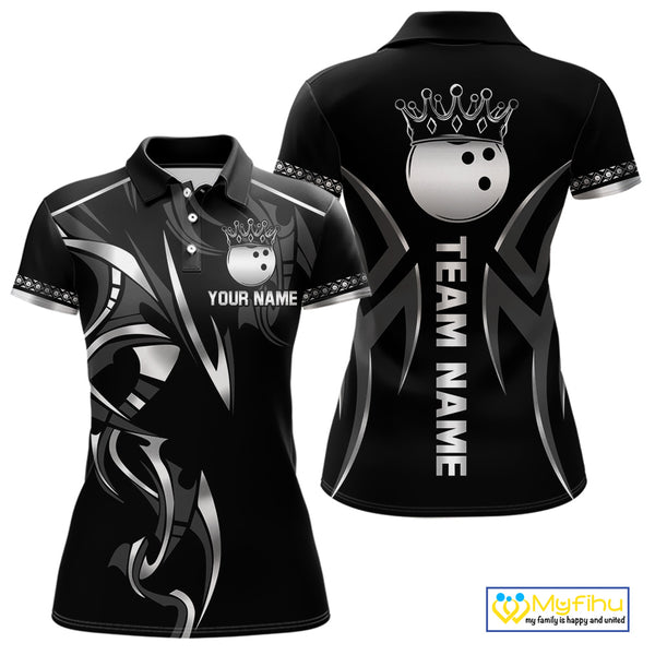 Black and Silver crown Bowling ball Polo, Quarter Zip Shirts for Women Custom Bowling Team jerseys NQS10537