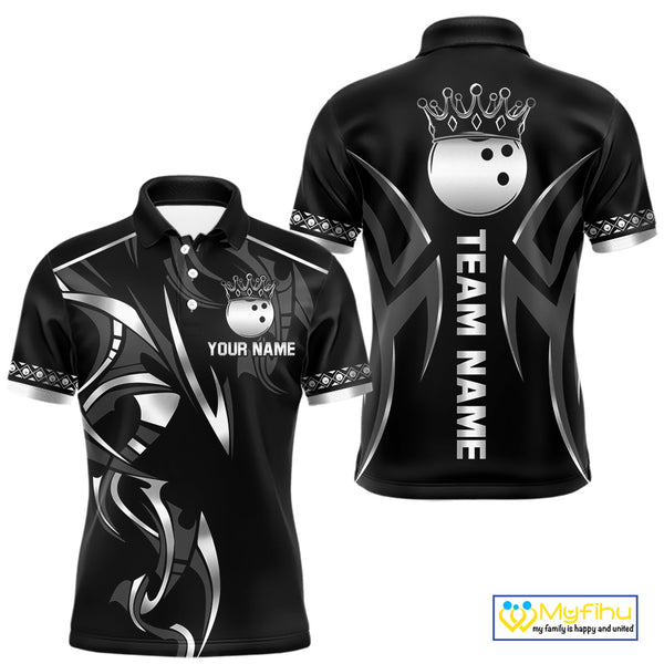 Black and Silver crown Bowling ball Polo, Quarter Zip Shirts for Men Custom Bowling Team jerseys NQS10537