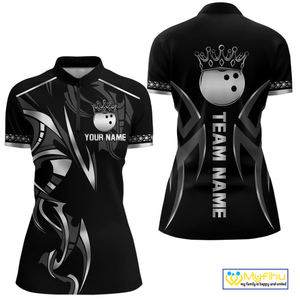 Black and Silver crown Bowling ball Polo, Quarter Zip Shirts for Women Custom Bowling Team jerseys NQS10537