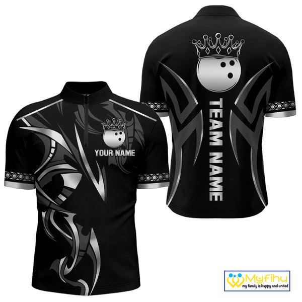 Black and Silver crown Bowling ball Polo, Quarter Zip Shirts for Men Custom Bowling Team jerseys NQS10537