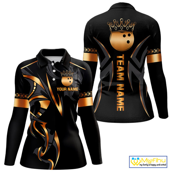 Black and Orange crown Bowling ball Polo, Quarter Zip Shirts for Women Custom Bowling Team jerseys NQS10538