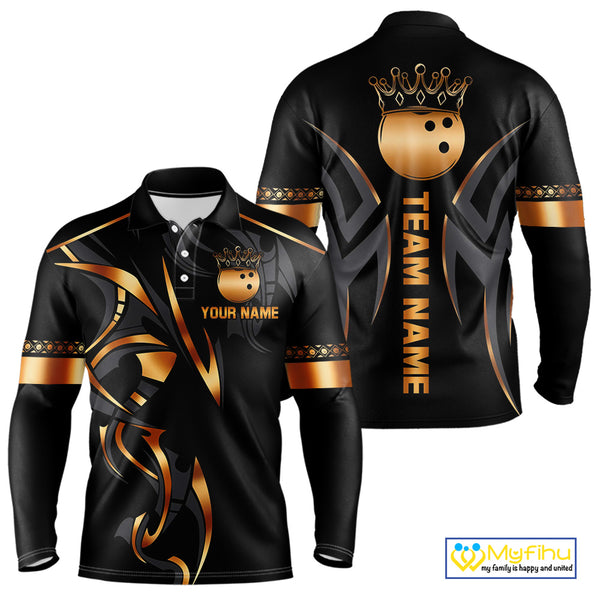 Black and Orange crown Bowling ball Polo, Quarter Zip Shirts for Men Custom Bowling Team jerseys NQS10538