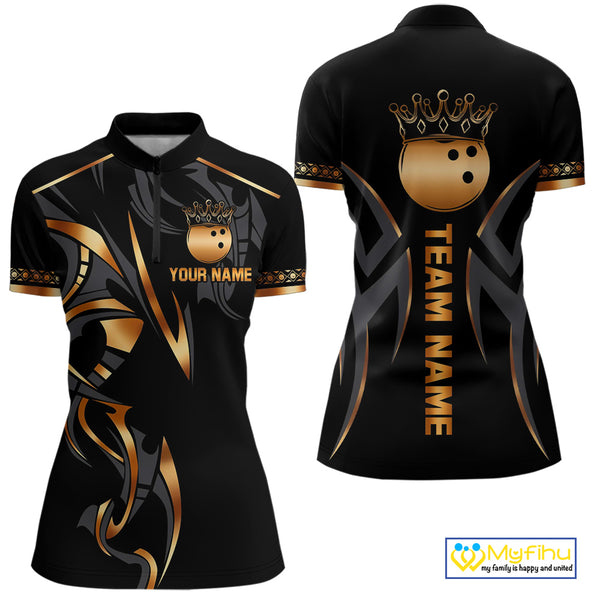 Black and Orange crown Bowling ball Polo, Quarter Zip Shirts for Women Custom Bowling Team jerseys NQS10538