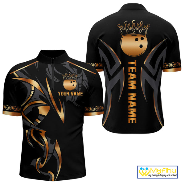 Black and Orange crown Bowling ball Polo, Quarter Zip Shirts for Men Custom Bowling Team jerseys NQS10538