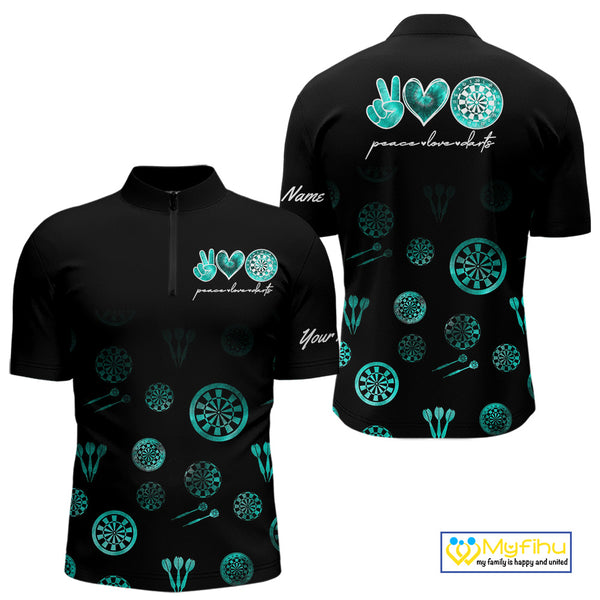 Personalized Turquoise Black Camo Darts Shirts For Men Custom Peace Love Darts Team Jerseys NQS10542