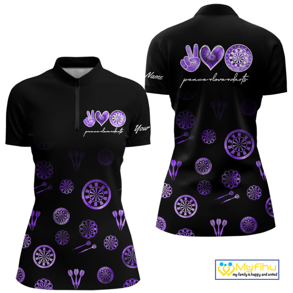 Personalized Purple and Black Camo Darts Shirts For Women Custom Peace Love Darts Team Jerseys NQS10543