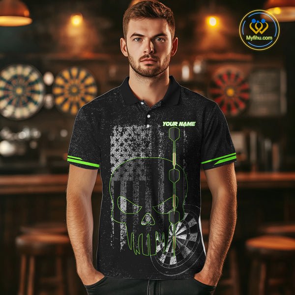 Black & White grunge American Flag Skull Mens Darts Shirt Custom patriotic Team Darts Jersey | Green NQS10748
