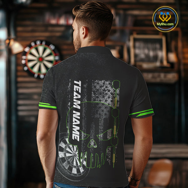 Black & White grunge American Flag Skull Mens Darts Shirt Custom patriotic Team Darts Jersey | Green NQS10748
