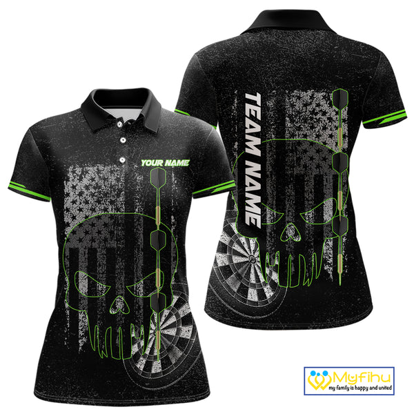 Black & White grunge American Flag Skull Women Darts Shirt Custom patriotic Team Darts Jersey | Green NQS10748