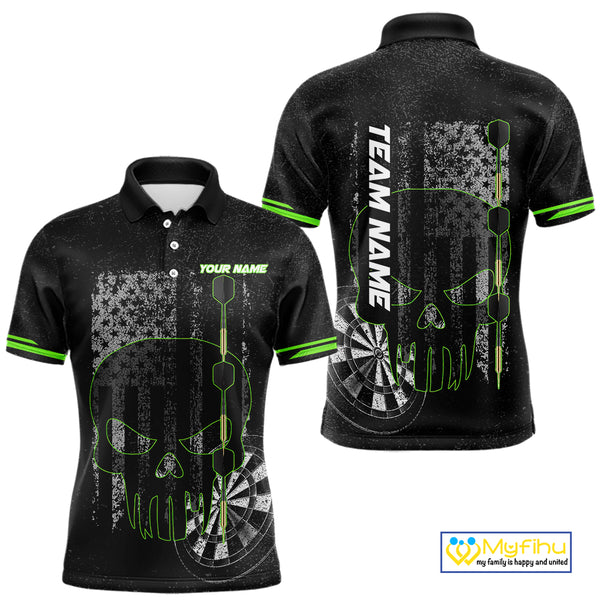 Black & White grunge American Flag Skull Mens Darts Shirt Custom patriotic Team Darts Jersey | Green NQS10748