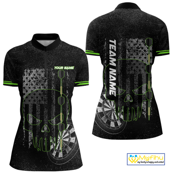 Black & White grunge American Flag Skull Women Darts Shirt Custom patriotic Team Darts Jersey | Green NQS10748