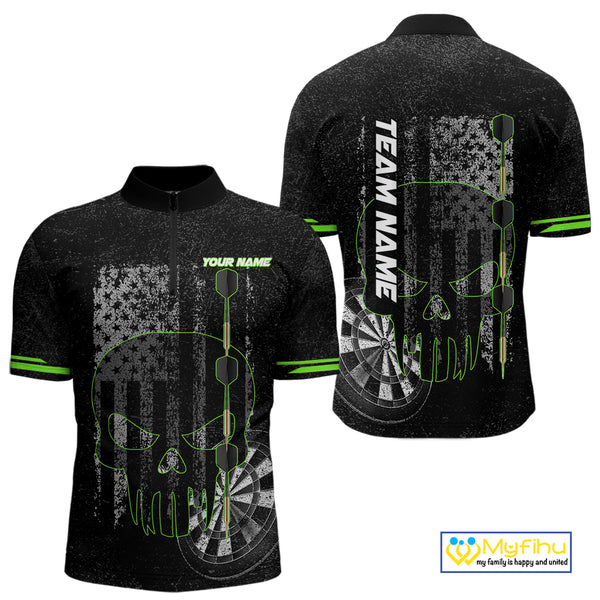 Black & White grunge American Flag Skull Mens Darts Shirt Custom patriotic Team Darts Jersey | Green NQS10748