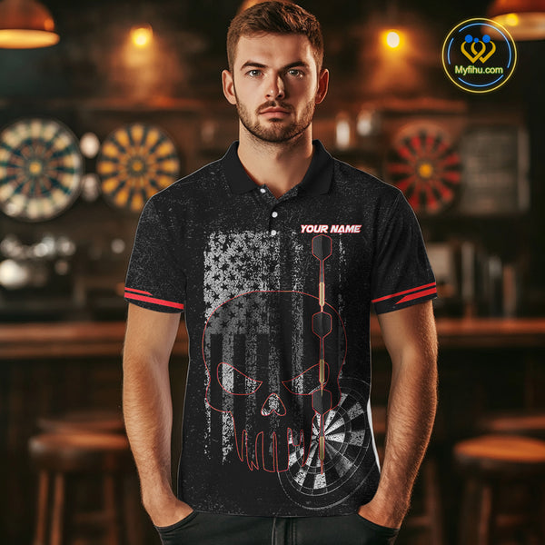 Black & White grunge American Flag Skull Mens Darts Shirt Custom patriotic Team Darts Jersey | Red NQS10749
