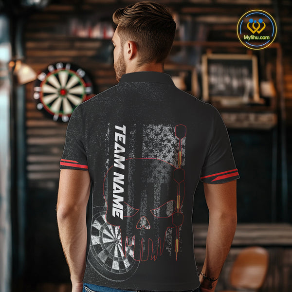 Black & White grunge American Flag Skull Mens Darts Shirt Custom patriotic Team Darts Jersey | Red NQS10749