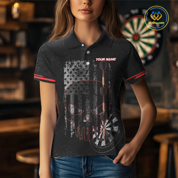 Black & White grunge American Flag Skull Women Darts Shirt Custom patriotic Team Darts Jersey | Red NQS10749
