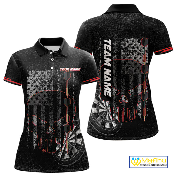 Black & White grunge American Flag Skull Women Darts Shirt Custom patriotic Team Darts Jersey | Red NQS10749