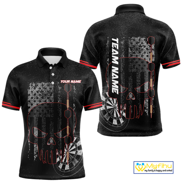 Black & White grunge American Flag Skull Mens Darts Shirt Custom patriotic Team Darts Jersey | Red NQS10749