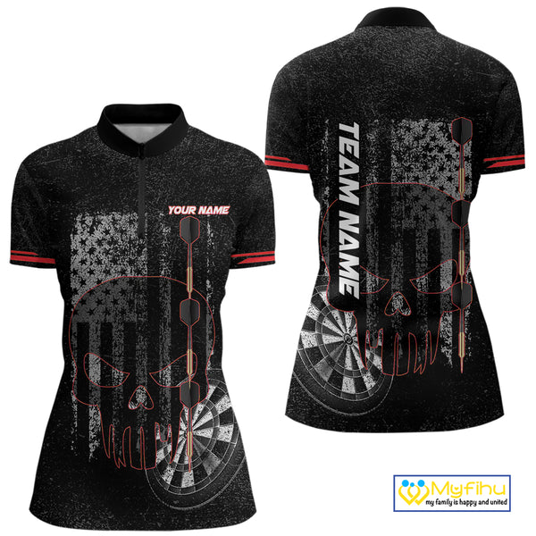 Black & White grunge American Flag Skull Women Darts Shirt Custom patriotic Team Darts Jersey | Red NQS10749