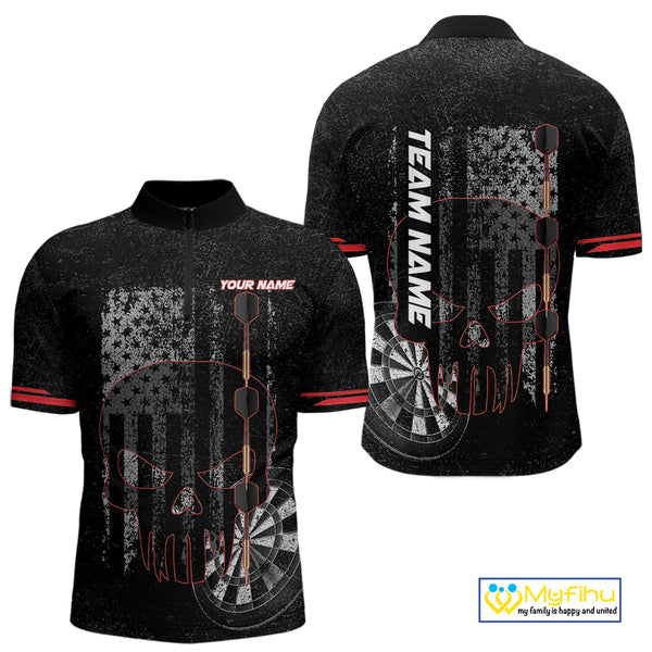 Black & White grunge American Flag Skull Mens Darts Shirt Custom patriotic Team Darts Jersey | Red NQS10749
