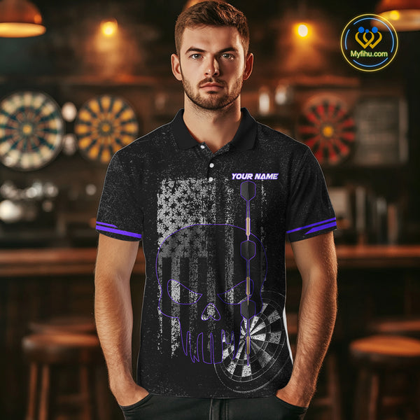 Black & White grunge American Flag Skull Mens Darts Shirt Custom patriotic Team Darts Jersey | Purple NQS10750