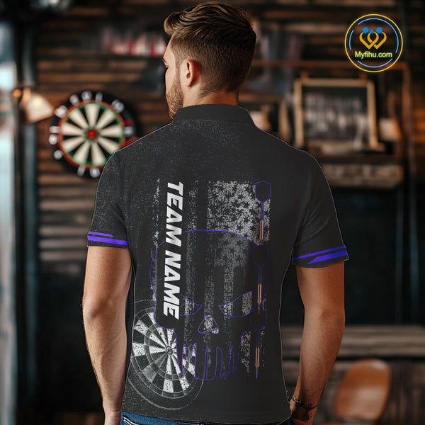 Black & White grunge American Flag Skull Mens Darts Shirt Custom patriotic Team Darts Jersey | Purple NQS10750