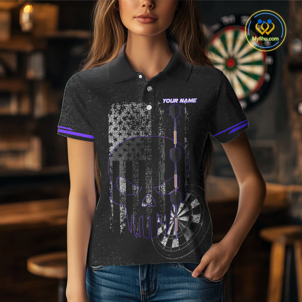 Black & White grunge American Flag Skull Women Darts Shirt Custom patriotic Team Darts Jersey| Purple NQS10750