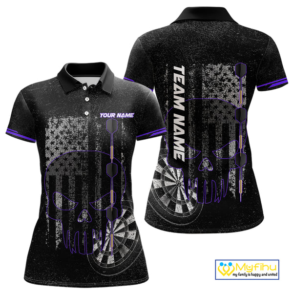 Black & White grunge American Flag Skull Women Darts Shirt Custom patriotic Team Darts Jersey| Purple NQS10750