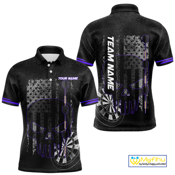 Black & White grunge American Flag Skull Mens Darts Shirt Custom patriotic Team Darts Jersey | Purple NQS10750