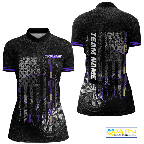 Black & White grunge American Flag Skull Women Darts Shirt Custom patriotic Team Darts Jersey| Purple NQS10750