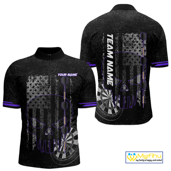 Black & White grunge American Flag Skull Mens Darts Shirt Custom patriotic Team Darts Jersey | Purple NQS10750
