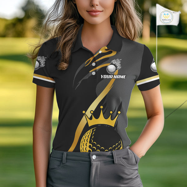 Black and Gold Crown Golf ball Women's golf polo shirts custom team golf tops for ladies NQS10757