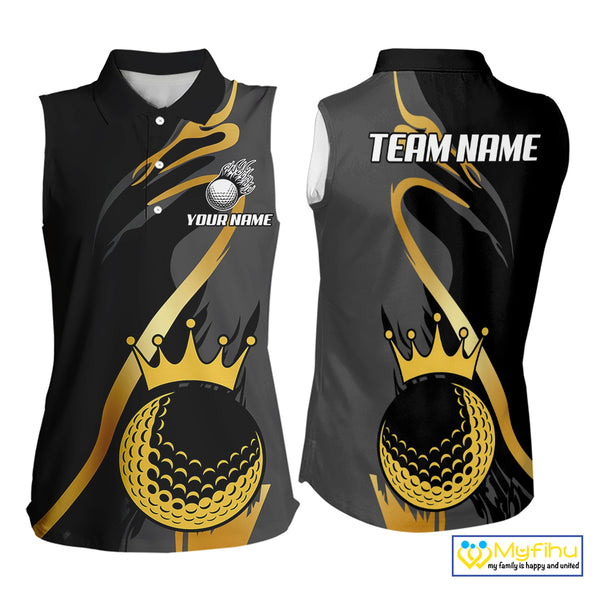 Black and Gold Crown Golf ball Women's Sleeveless golf polo shirts custom team golf tops for ladies NQS10757