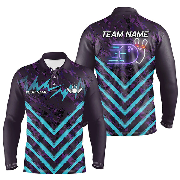 Purple Camo Lightning Storm Bowling Shirts For Men Custom Bowling Team Jerseys with name | Cyan Blue NQS8811