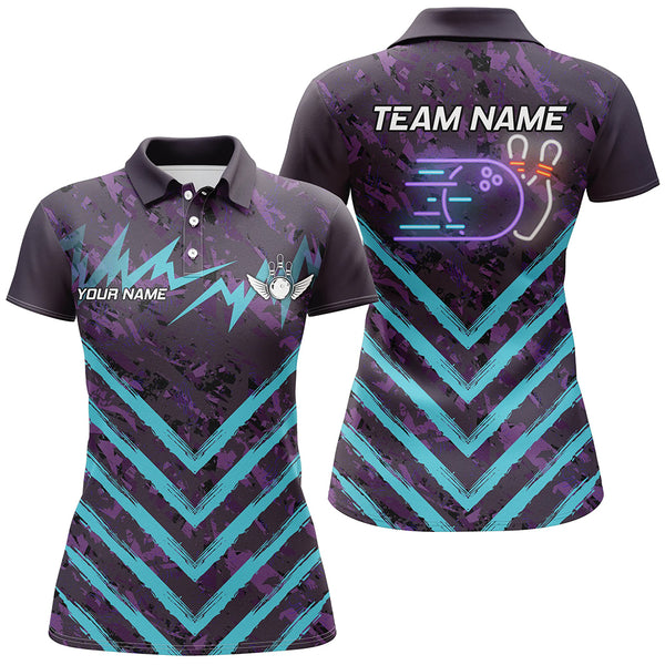 Purple Camo Lightning Storm Bowling Shirts For Women Custom Bowling Team Jerseys with name | Cyan Blue NQS8811