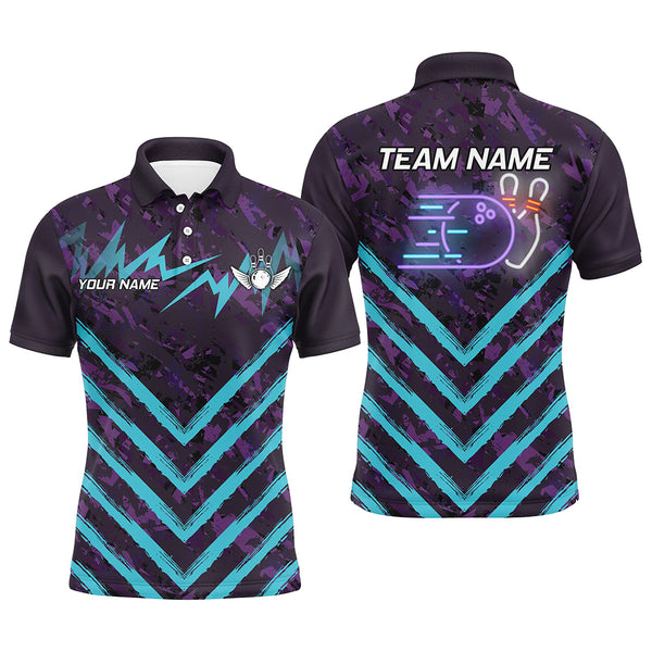 Purple Camo Lightning Storm Bowling Shirts For Men Custom Bowling Team Jerseys with name | Cyan Blue NQS8811