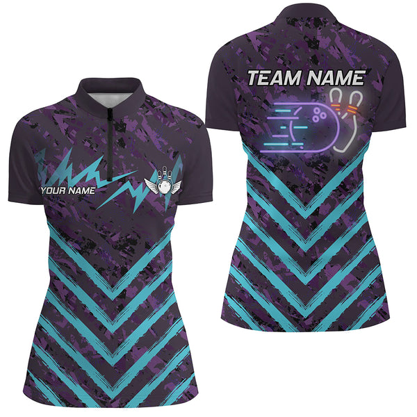 Purple Camo Lightning Storm Bowling Shirts For Women Custom Bowling Team Jerseys with name | Cyan Blue NQS8811