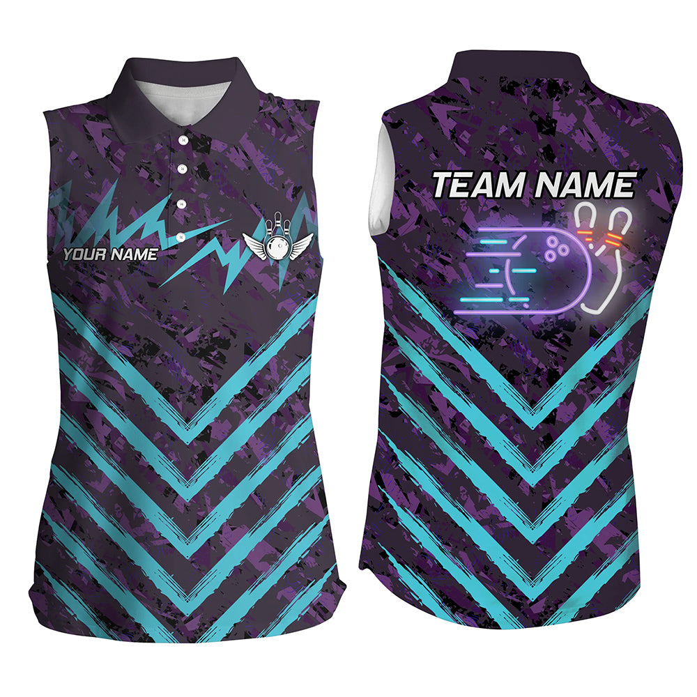 Purple Camo Lightning Storm Bowling sleeveless polos Custom Bowling Team Jerseys with name | Cyan Blue NQS8811